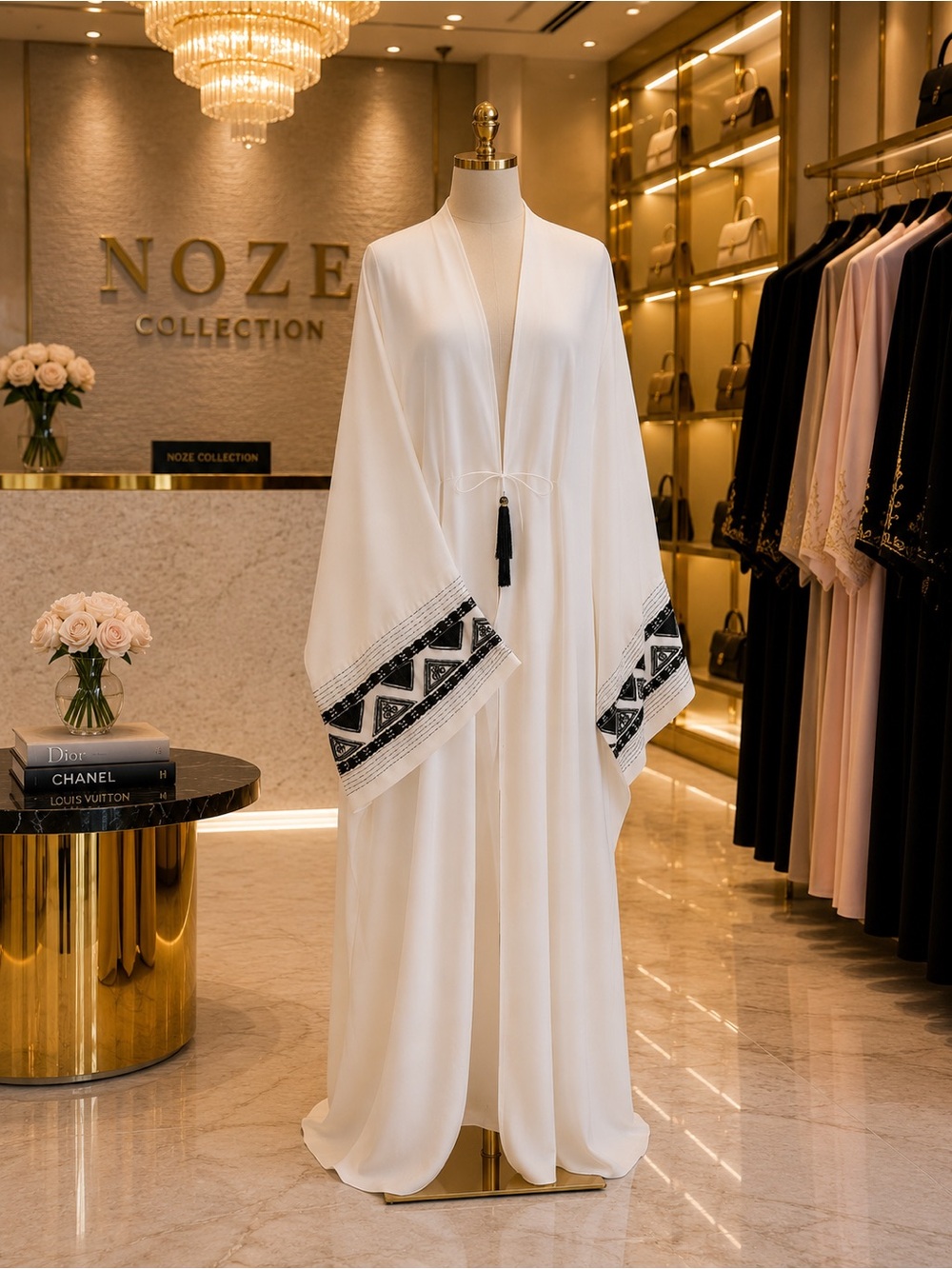 White Embroidered Open Abaya with Black Trim